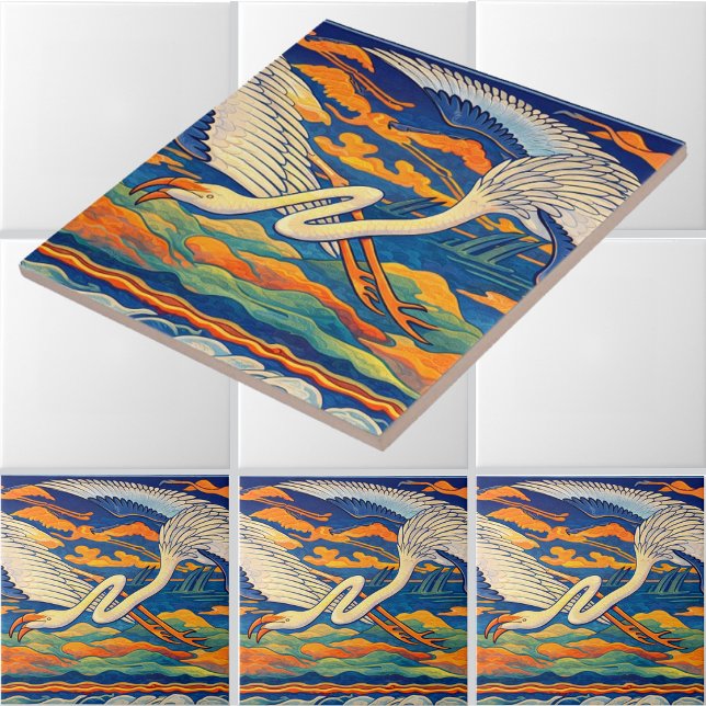 Azulejo De Cerâmica Friso de Flamingos Voadores Art Nouveau Retro (Criador carregado)