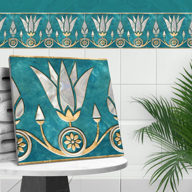 Azulejo De Cerâmica Fronteira Egípcia do Lotus - Pérola Turquesa e Dou (Criador carregado)