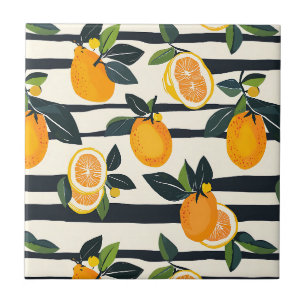 Azulejo De Cerâmica Fruta Citrina Listrada de Preto e Creme Botânica