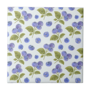 Azulejo De Cerâmica Fruta de Amoras com Folhas Azuis Claro