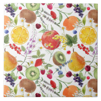 Azulejo De Cerâmica Fruta de Aquarela Colorida e Padrão de Herbo