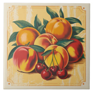 Azulejo De Cerâmica Fruta de Pomar Rústica Pêssego e Cereja Vintage