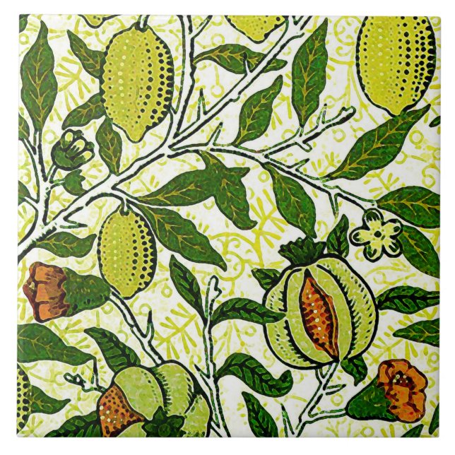 Azulejo De Cerâmica Fruta de William Morris, limão - amarelo & coral (Frente)