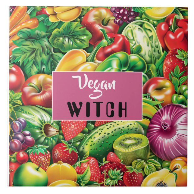 Azulejo De Cerâmica Frutas Coloridas e Vegetais Bruxas Vegan (Frente)