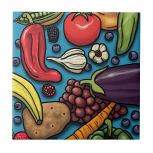 Azulejo De Cerâmica Frutas coloridas e vegetais em azul