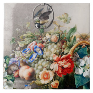 AZULEJO DE CERÂMICA FRUTAS, FLORES, UVAS, PÊSSEGOS E AVES PEQUENAS