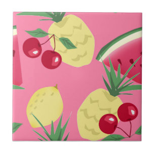 Azulejo De Cerâmica Frutas suculentas num fundo rosa-vermelho.