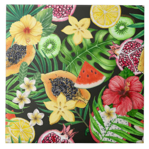 Azulejo De Cerâmica Frutas tropicais, flores e folhas a preto