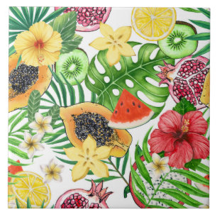Azulejo De Cerâmica Frutas tropicais, flores e folhas em branco
