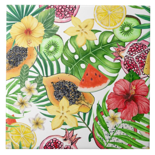 Azulejo De Cerâmica Frutas tropicais, flores e folhas em branco (Frente)