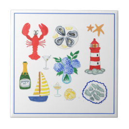 Azulejo De Cerâmica Frutos Do Mar Da Nova Inglaterra Pintados Com Mão