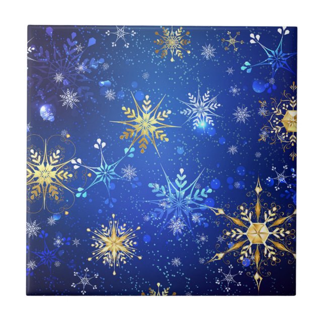 Azulejo De Cerâmica Fundo Azul XMAS com Flocos de Neve Ouro (Frente)