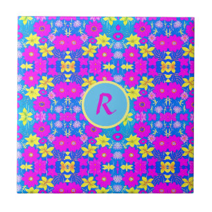 Azulejo De Cerâmica Fundo com padrão de flores rosa azul amarelo adici