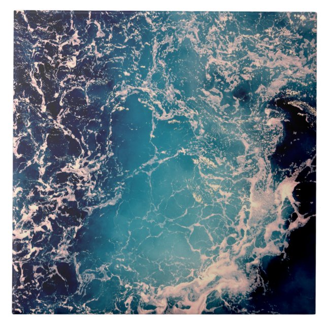 Azulejo De Cerâmica Fundo das ondas do oceano azul Elegante (Frente)