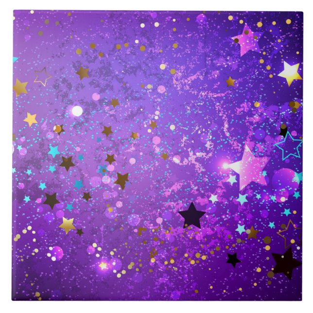 Azulejo De Cerâmica Fundo de papel alumínio roxo com estrelas (Frente)