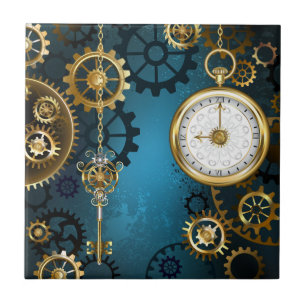 Azulejo De Cerâmica Fundo de turquesa Steampun com engrenagens