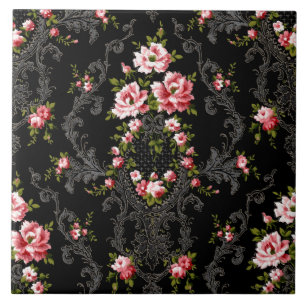 Azulejo De Cerâmica Fundo Floral-Preto do Rococo Francês Elegante 