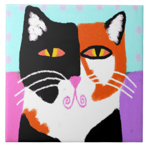 Azulejo De Cerâmica Funky Abstrato Art Calico Cat