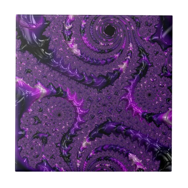 Azulejo De Cerâmica Funky Bold Boho Roxo Abstrato Digital Fractal (Frente)
