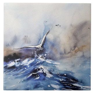 Azulejo De Cerâmica Gaivota Majestosa Sobre Ondas do Oceano Aquarela C