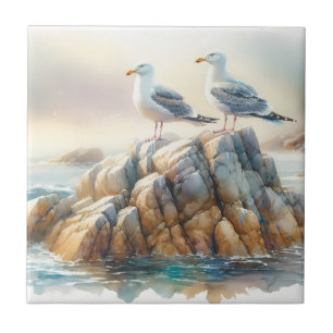 Azulejo De Cerâmica Gaivotas Costeiras Aquarela Paisagem Marítima