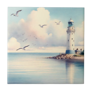 Azulejo De Cerâmica Gaivotas do Farol Costeiro Céu Pastel Serenidade