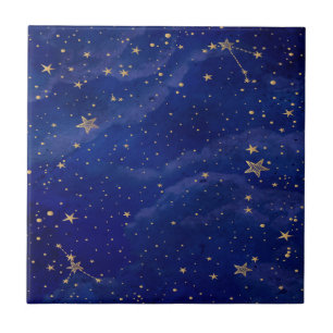 Azulejo De Cerâmica Galáxia Azul com Estrelas de Ouro