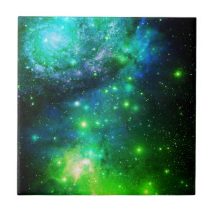 Azulejo De Cerâmica Galáxia Azul de Estrelas do Espaço Verde
