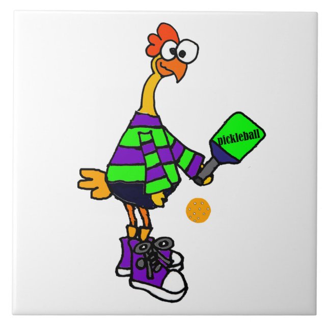 Azulejo De Cerâmica Galinha de borracha engraçada que joga Pickleball (Frente)