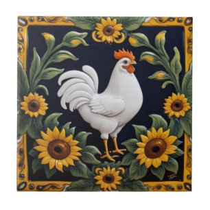 Azulejo De Cerâmica Galinha do Girassol - Galinha Branca e Girassóis A