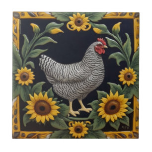 Azulejo De Cerâmica Galinha Girassol - Galinha Cinza & Girassóis