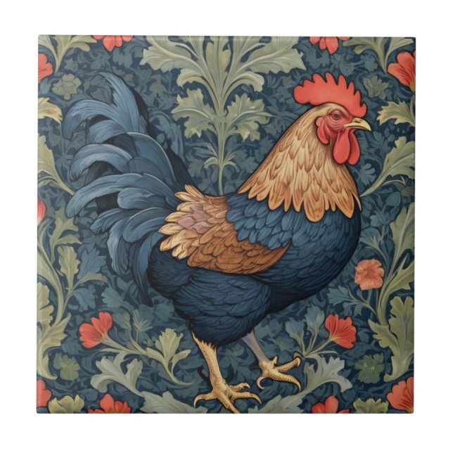 Azulejo De Cerâmica Galinha William Morris estilo Face direita Rooster (Frente)