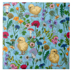Azulejo De Cerâmica Galinhas e flores silvestres em azul-bebê