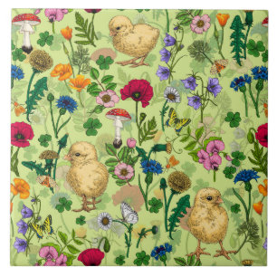 Azulejo De Cerâmica Galinhas e flores silvestres em verde-orvalho