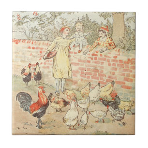 Azulejo De Cerâmica Galinhas Em Alimentação - Cena De Fazenda De Galin