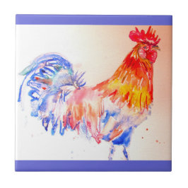 Azulejo De Cerâmica Galo Aquarela Vermelho Amarelo Azul Frango