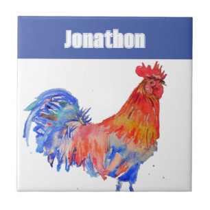 Azulejo De Cerâmica Galo de Frango Ave Nome Meninos Azul Vermelho
