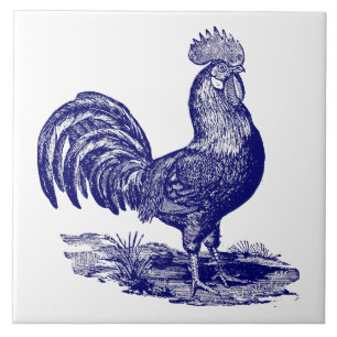 Azulejo De Cerâmica Galo de Leghorn Azul e Branco