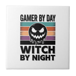 Azulejo De Cerâmica Gamer de Dia Bruxa de Noite Design Retro de Hallow