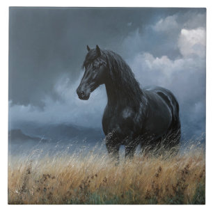 Azulejo De Cerâmica Garanhão Frísio Preto Paisagem Dramática