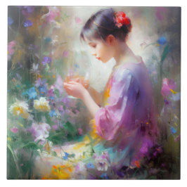 Azulejo De Cerâmica Garota admirando uma flor em suas mãos