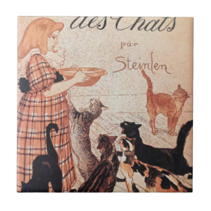 Azulejo De Cerâmica Garota alimentando gatos Vintage Steinlen Poster