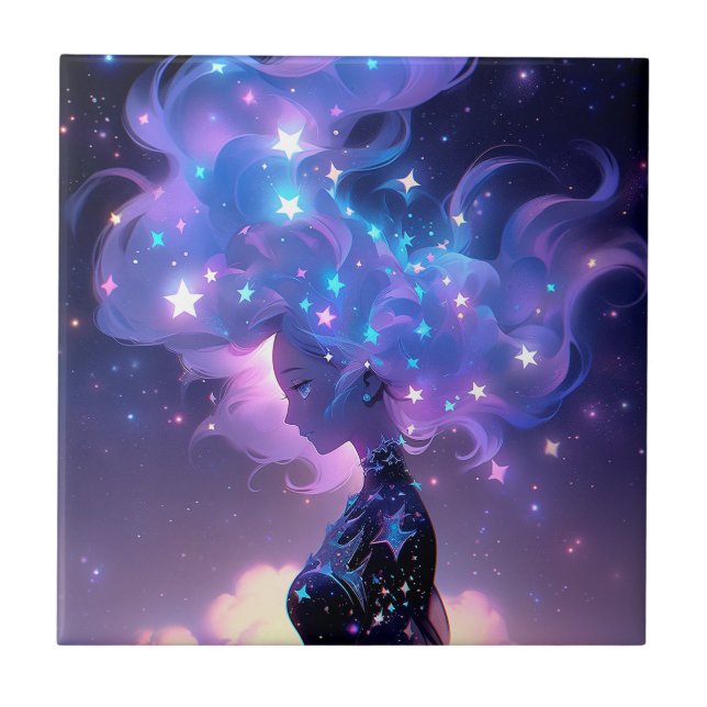 Azulejo De Cerâmica Garota Animada De Estrelas (Frente)