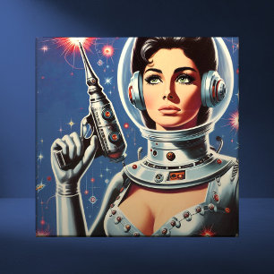 Azulejo De Cerâmica Garota Astronauta de Ficção Científica Vintage