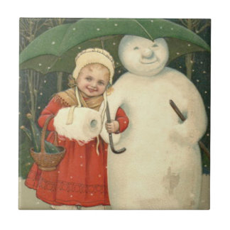 Azulejo De Cerâmica Garota Boneco de Neve Guarda-chuva Nevasca