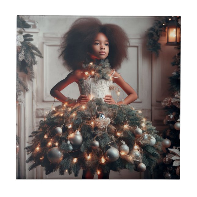 Azulejo De Cerâmica Garota com um vestido de árvore de Natal (Frente)