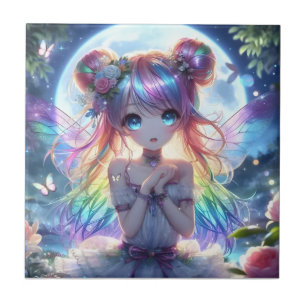 Azulejo De Cerâmica Garota de Anime Cabelo Arco-íris Cantando Fada da