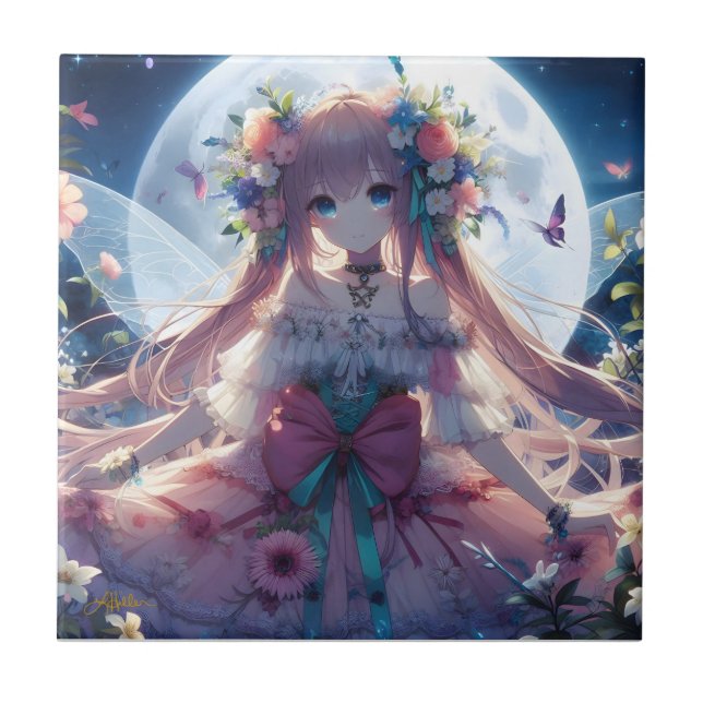 Azulejo De Cerâmica Garota de Anime Flor Lua Fada (Frente)