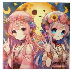 Azulejo De Cerâmica Garota de Anime Hippie Lua Garotas Fazendo Sinal d
