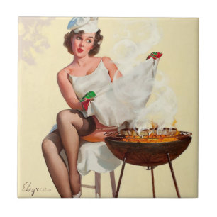 Azulejo De Cerâmica Garota de Pin-Up do Barbecue